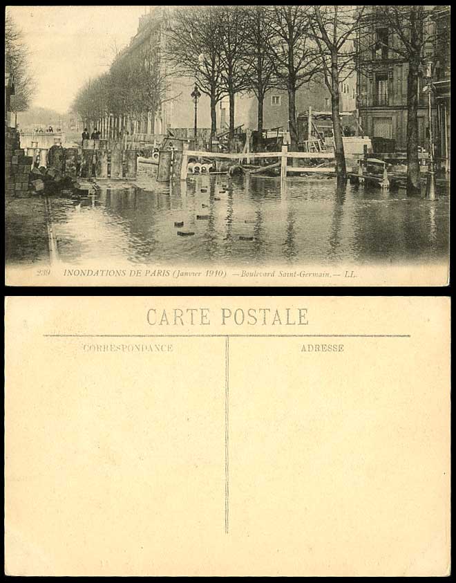 PARIS FLOOD 1910 Old Postcard Boulevard Saint-Germain Flooded Street Scene LL239