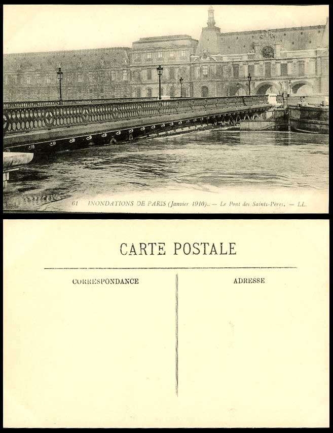 PARIS FLOOD 1910 Old Postcard Pont des Saints-Peres Bridge Flooded River L.L. 61