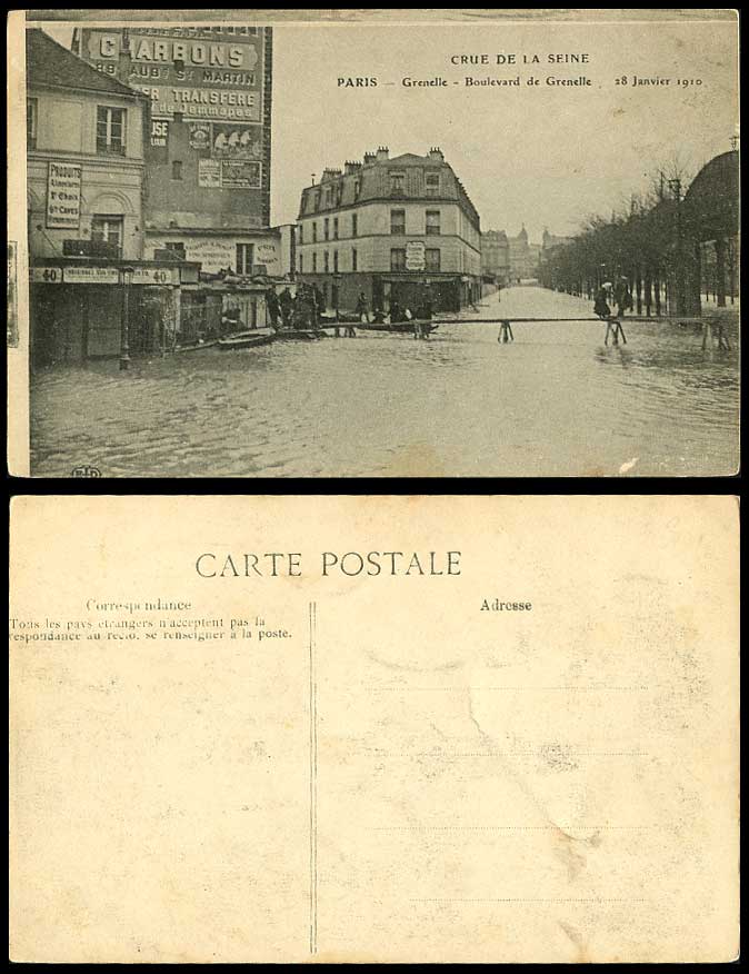 PARIS FLOOD 28 Jan 1910 Old Postcard Boulevard de Grenelle Bridge Advertisements