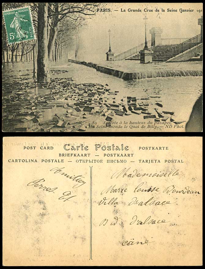 PARIS FLOOD 1910 Old Postcard Quay Quai de Billy Grande Crue de La Seine, Bridge