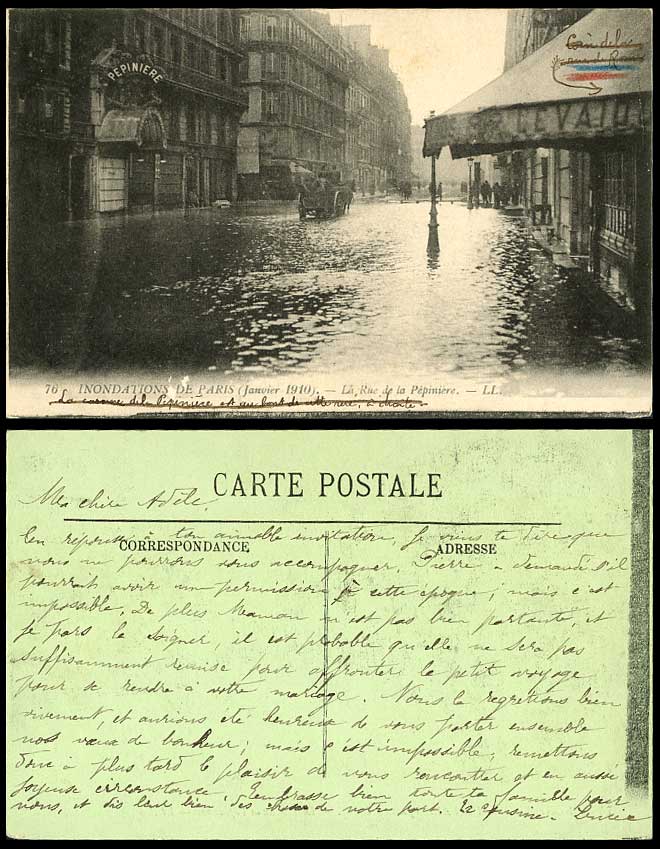 PARIS FLOOD 1910 Old Postcard Rue de la Pepiniere Street, Horse Carriage L.L. 76