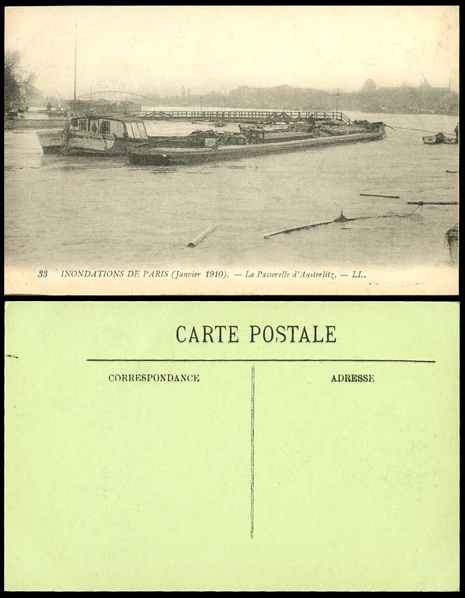 PARIS FLOOD 1910 Old Postcard Passerelle d'Austerlitz Bridge, Boats Pier L.L. 33