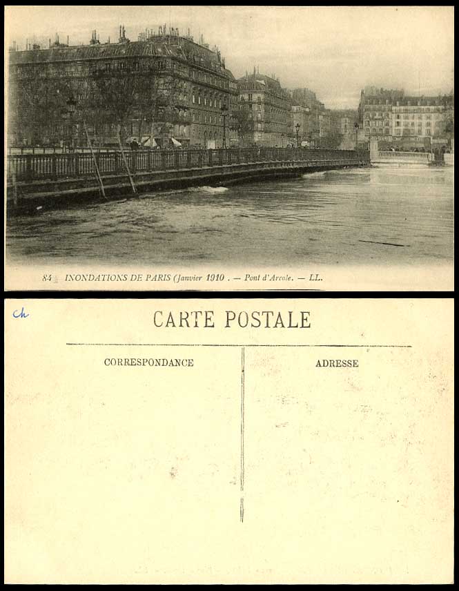 PARIS FLOOD 1910 Old Postcard Pont d'Arcole Arcole Bridge, Flooded River L.L. 84