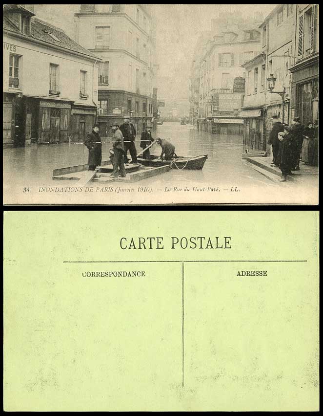 PARIS FLOOD 1910 Old Postcard La Rue du Haut Pave - Flooded Street Scene L.L. 34