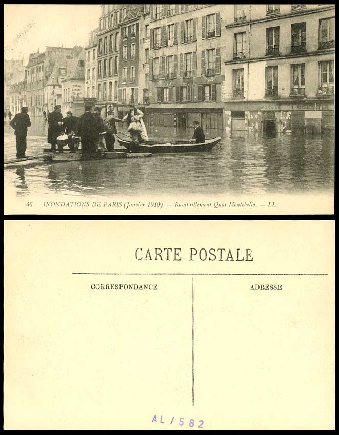 PARIS FLOOD 1910 Old Postcard Ravitaillement Quai Montebello Quay Supply L.L. 46
