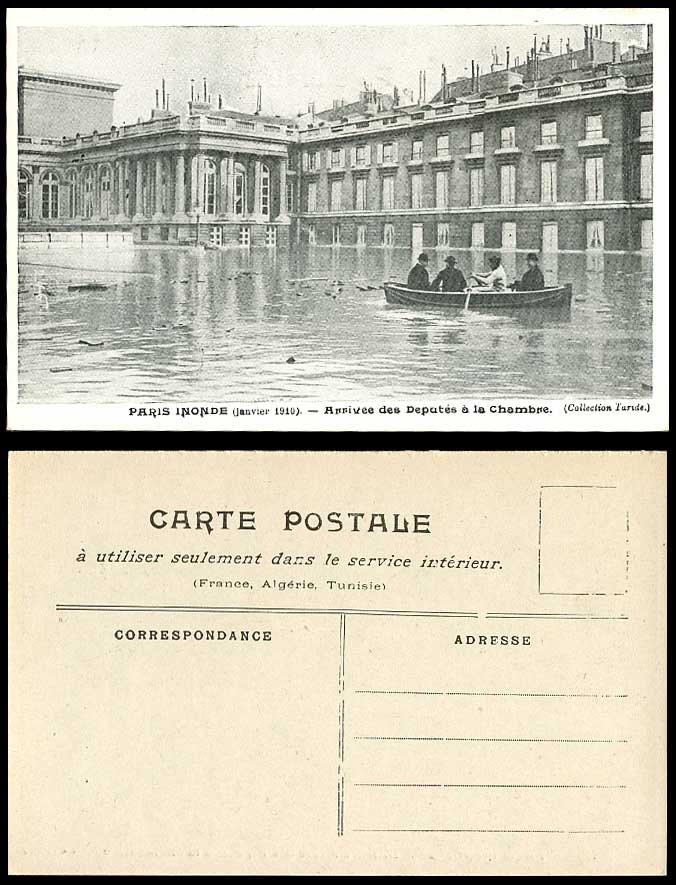 PARIS FLOOD Jan. 1910 Old Postcard Arrivee des Deputes a la Chambre Arrival Boat