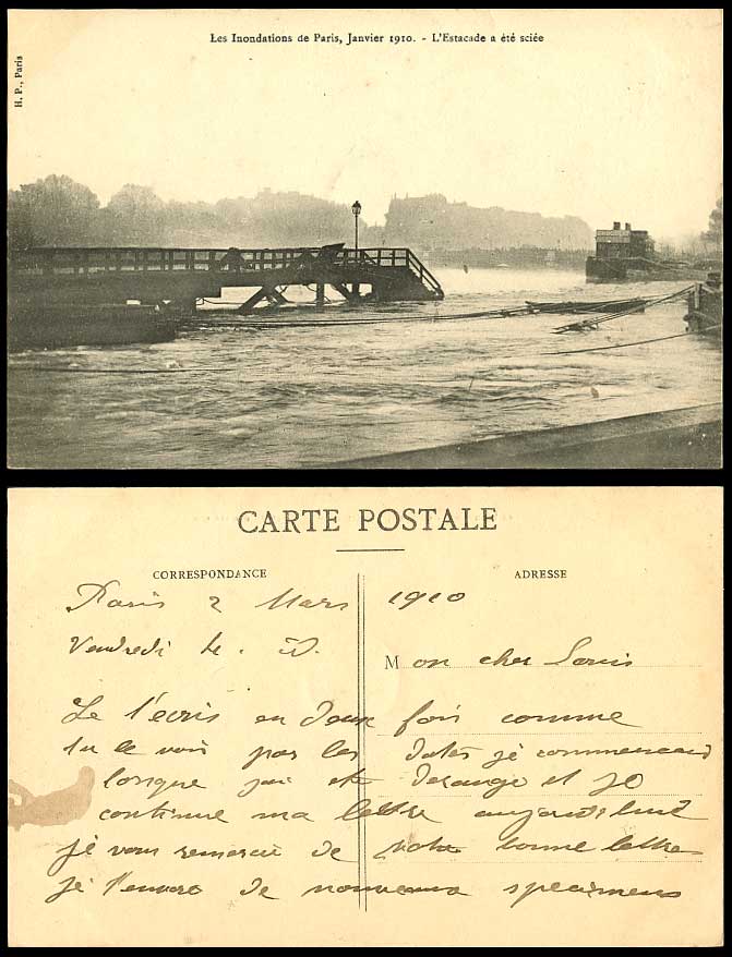 PARIS FLOOD Jan. 1910 Old Postcard L'Estacade a ete sciee - Destroyed Pier Jetty