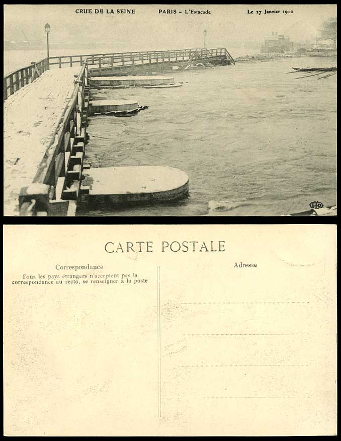 PARIS FLOOD 27 Jan 1910 Old Postcard L'Estacade Destroyed Pier Jetty Winter Snow