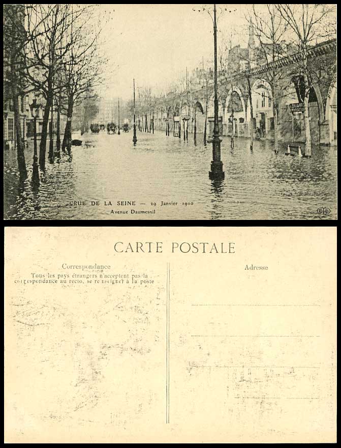 PARIS FLOOD 29 Janvier 1910 Old Postcard Avenue Daumesnil - Flooded Street Scene