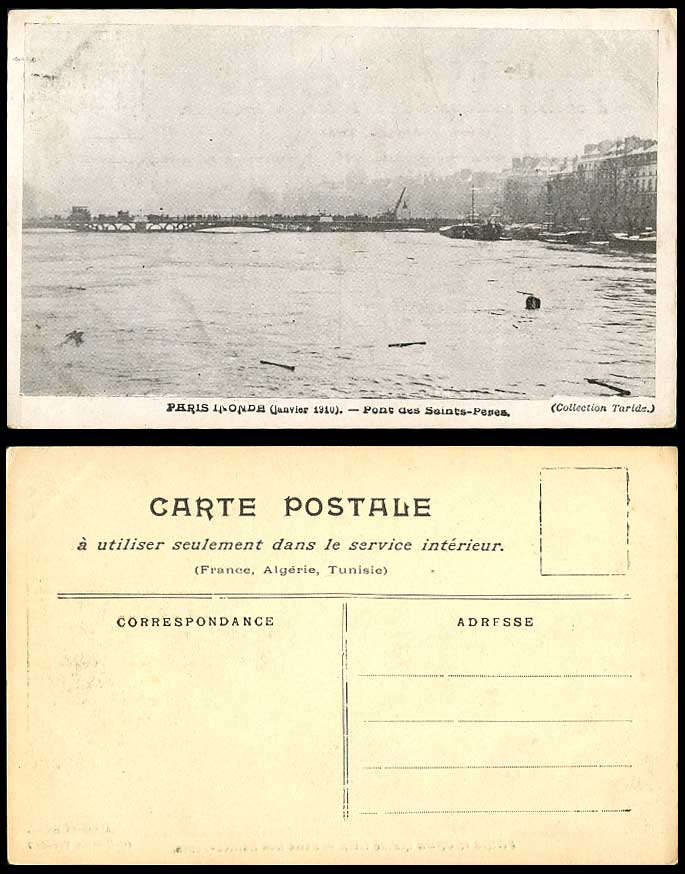 PARIS FLOOD of 1910 Old Postcard Pont des Saints-Peres Bridge, Collection Taride