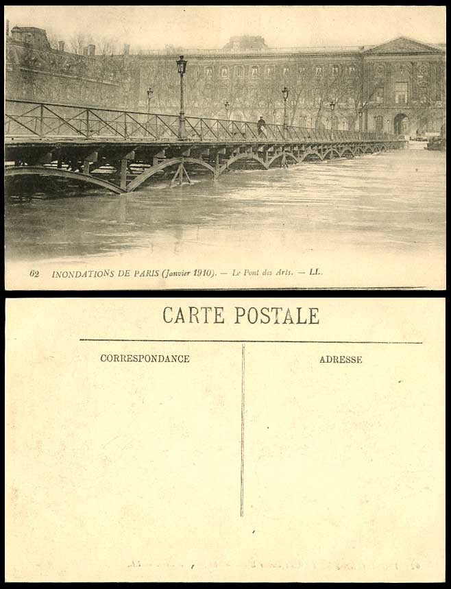 PARIS FLOOD 1910 Old Postcard Le Pont des Arts Bridge Flooded River Scene L.L.62