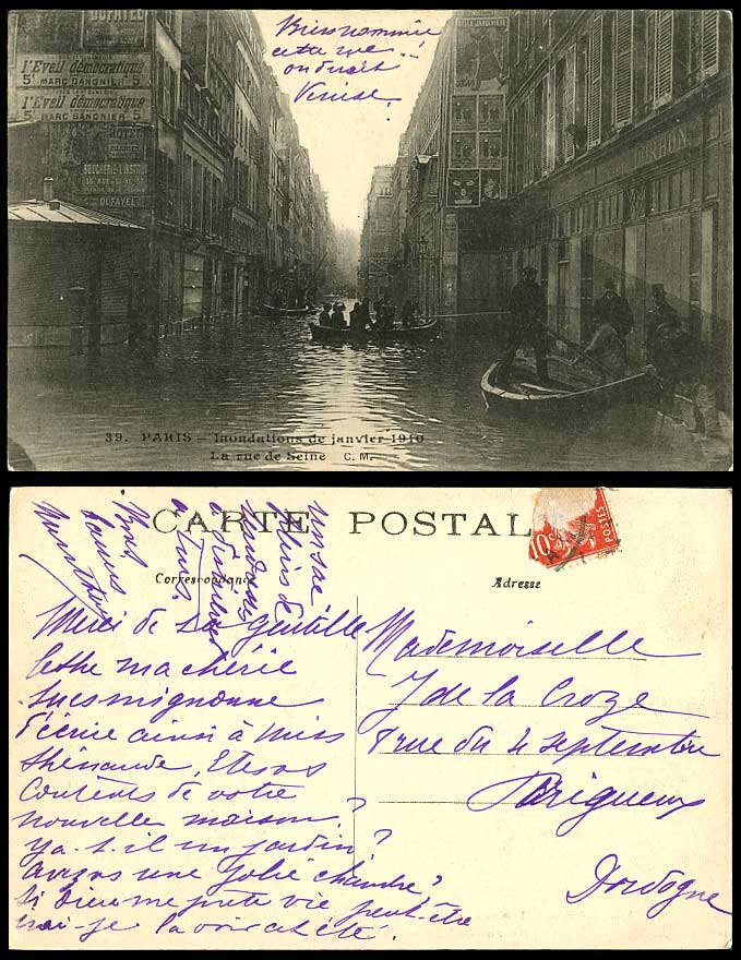 PARIS FLOOD 1910 Old Postcard La Rue de Seine Boats Flooded Street Scene Adverts