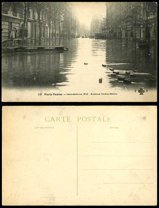 PARIS FLOOD 1910 Old Postcard Avenue Ledru-Rollin Street Boat Red Cross Pharmacy