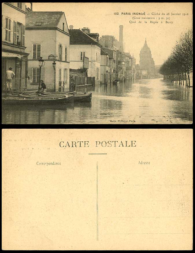 PARIS FLOOD 28 Jan. 1910 Old Postcard Quay Quai de la Rapee a Bercy, Boats, 9m50