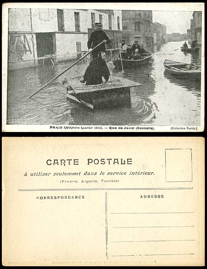 PARIS FLOOD Jan 1910 Old Postcard Rue de Javel Grenelle Soldier Boats Footbridge