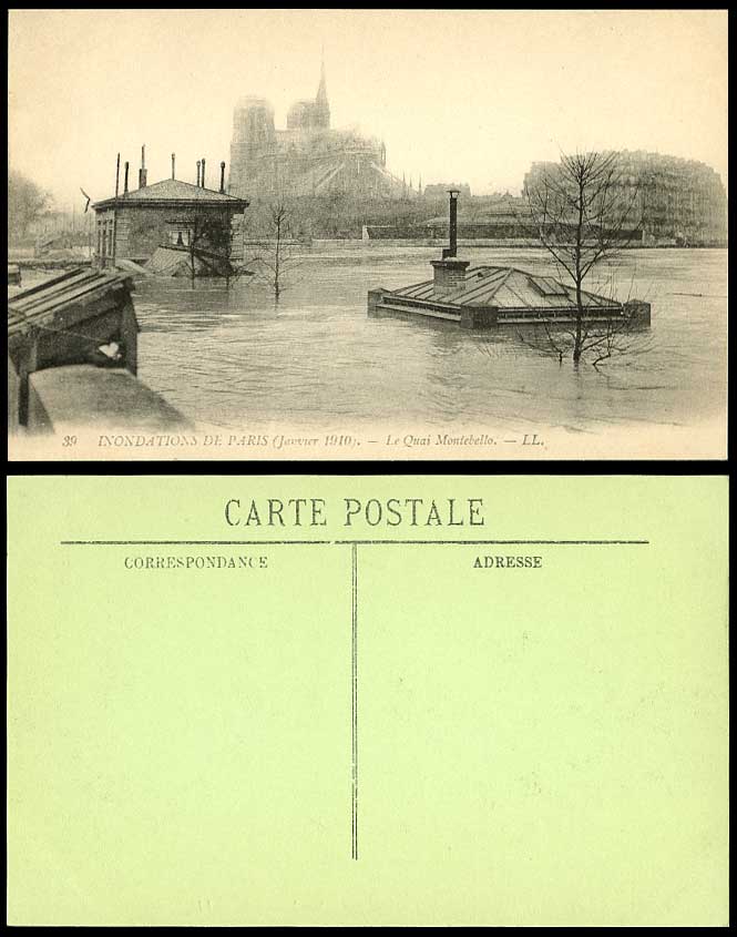 PARIS FLOOD 1910 Old Postcard Quay Le Quai Montebello, Notre Dame Church L.L. 39