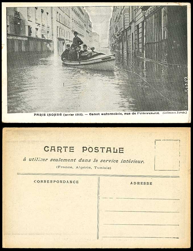 PARIS FLOOD 1910 Old Postcard Canot Automobile Rue de l'Universite Street & Boat