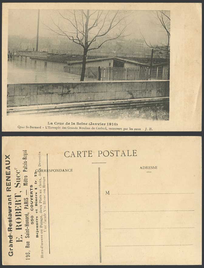 PARIS FLOOD 1910 Postcard Entrepot des Grands Moulins de Corbeil Quai St-Bernard