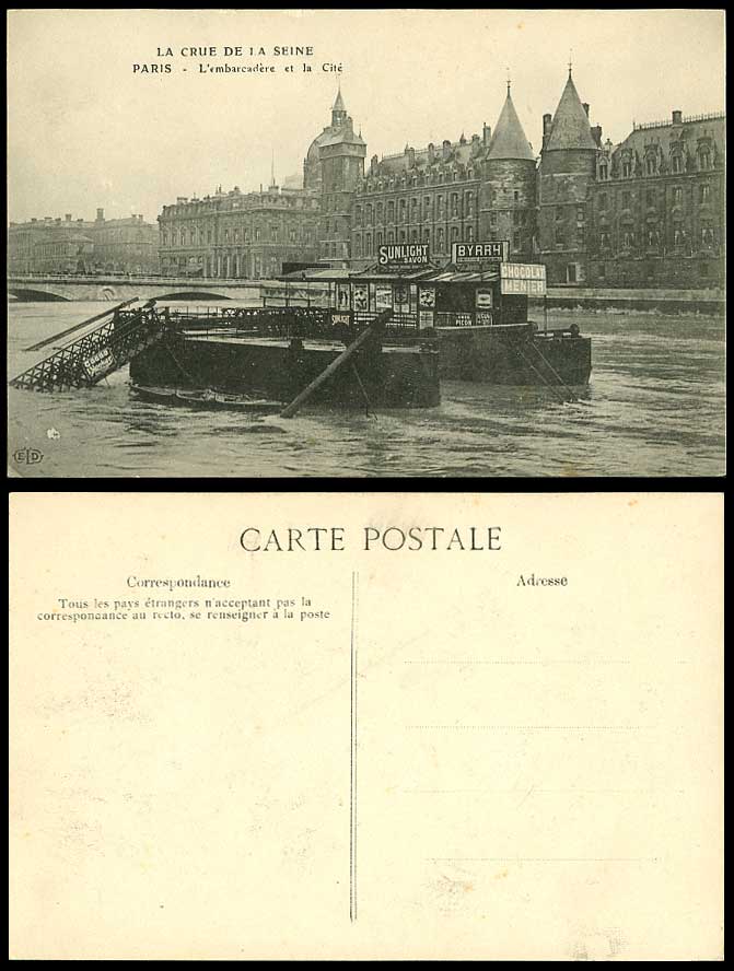PARIS FLOOD 1910 Old Postcard L'embarcadere et la Cite Pier City Chocolat Menier