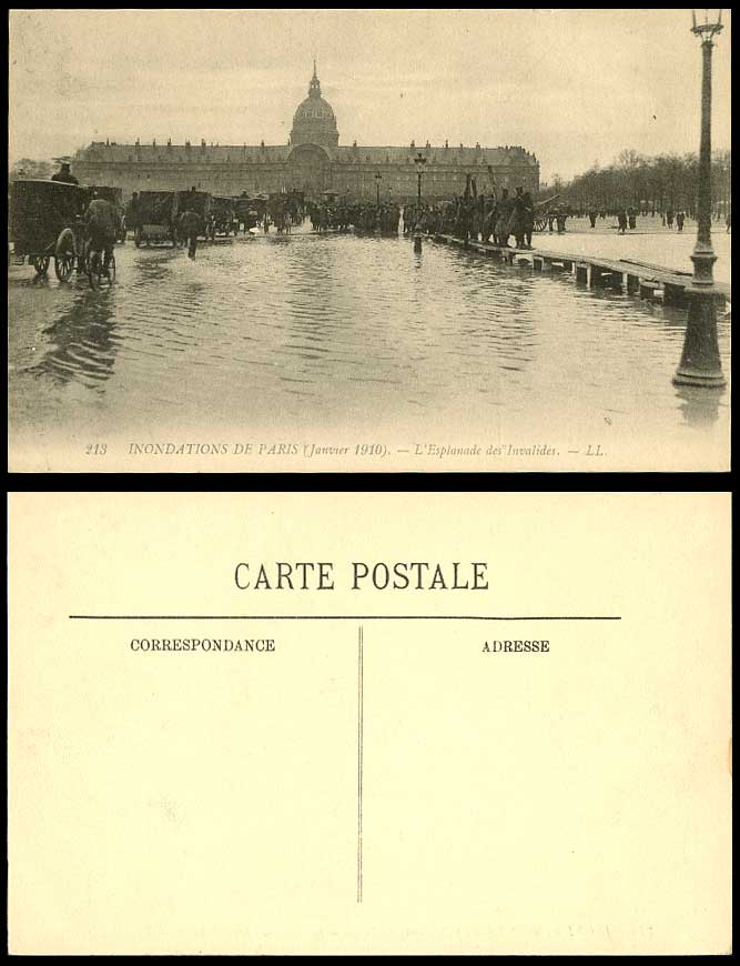 PARIS FLOOD 1910 Old Postcard L'Esplanade de Invalides Footbridge Cyclist LL 213