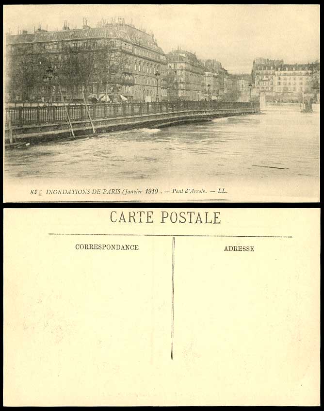PARIS FLOOD Disaster Jan. 1910 Old Postcard Pont d'Arcole, Arcole Bridge L.L. 84