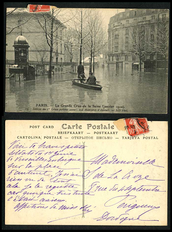 PARIS FLOOD 1910 Old Postcard Soldiers 1st Engineering rescue Auteuil Inhabitant