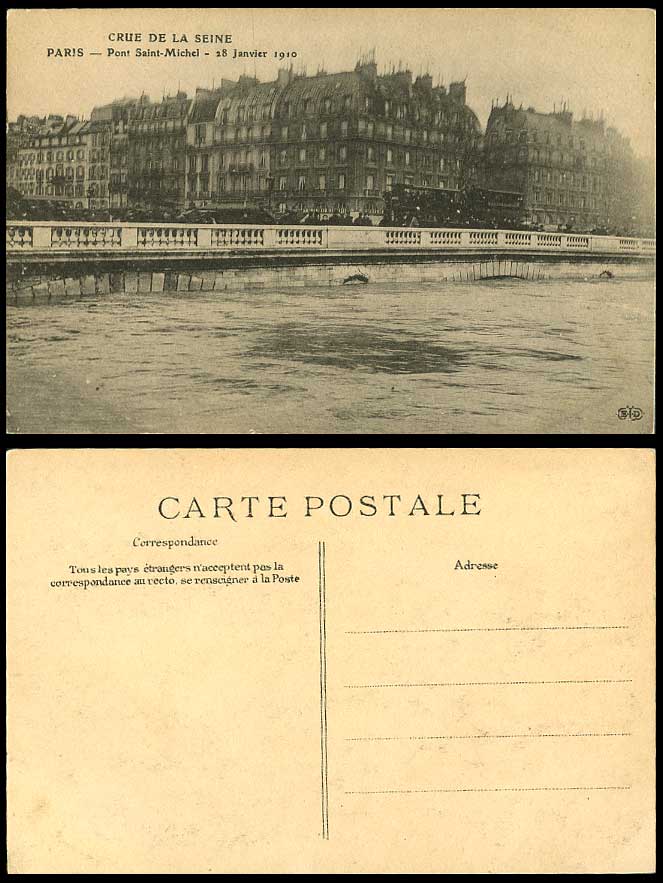 PARIS FLOOD 28  Janvier 1910 Old Postcard Pont Saint Michel, Bridge, Inondations