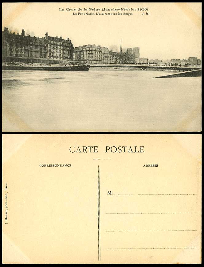 PARIS FLOOD 1910 Old Postcard Le Pont Marie Bridge L'eau recouvre les Berges