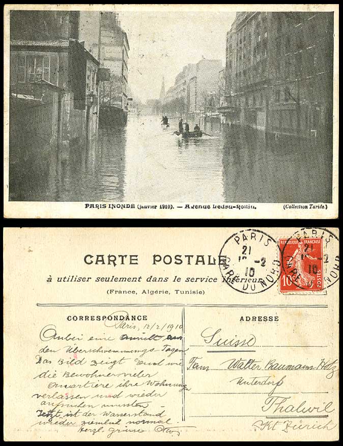 PARIS FLOOD 10c 1910 Old Postcard Avenue Ledru-Rollin Flooded Street Scene Boats