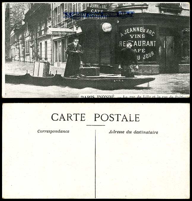 PARIS FLOOD 1910 Old Postcard Rue de Lille, Rue de Poitiers Flooded Street Scene