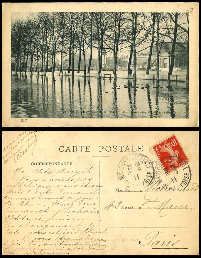 PARIS FLOOD 1910 Old Postcard Pont Alexandre Bridge Le Grand Palais Used in 1911