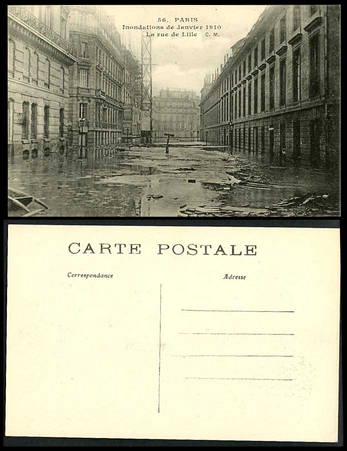 PARIS FLOOD 1910 Old Postcard La Rue de Lille - Flooded Street Scene C.M. No. 56