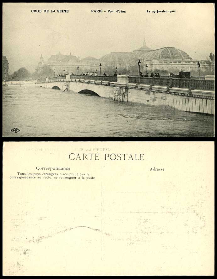 PARIS FLOOD 27 Janvier 1910 Old Postcard Pont d'Lena Lena Bridge & Flooded River