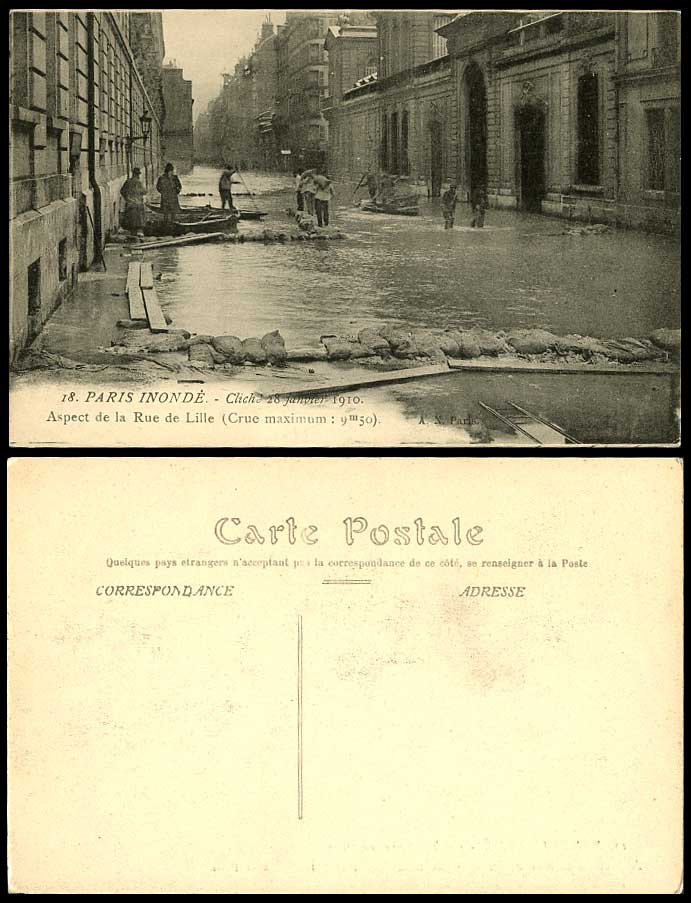PARIS FLOOD 1910 Old Postcard Aspect de La Rue de Lille Crue Maximum 9m50, Boats