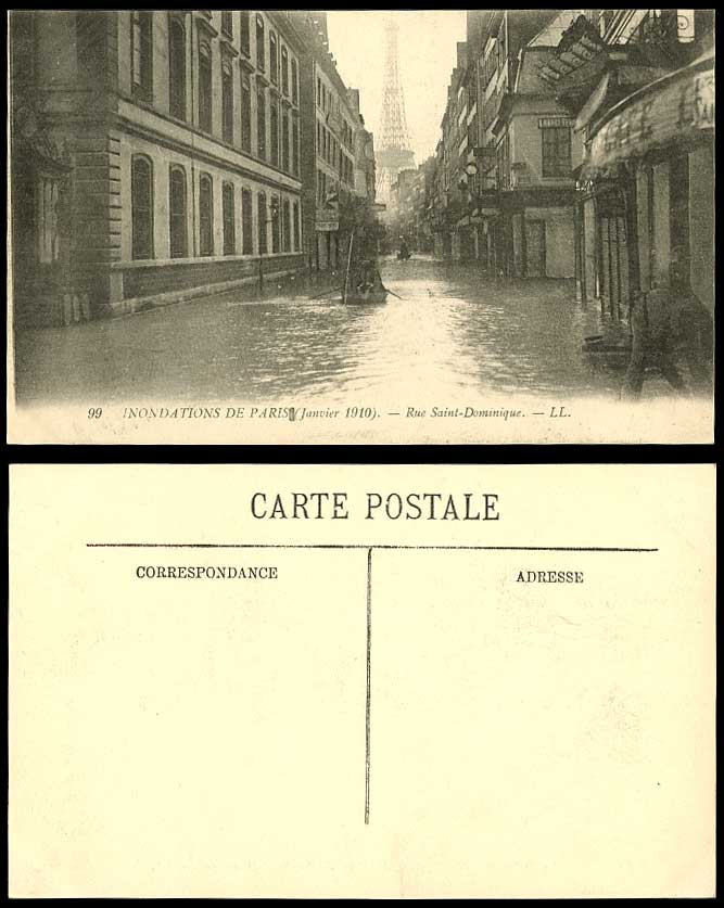 PARIS FLOOD 1910 Old Postcard Rue Saint-Dominique Tour Eiffel Tower Boat L.L. 99