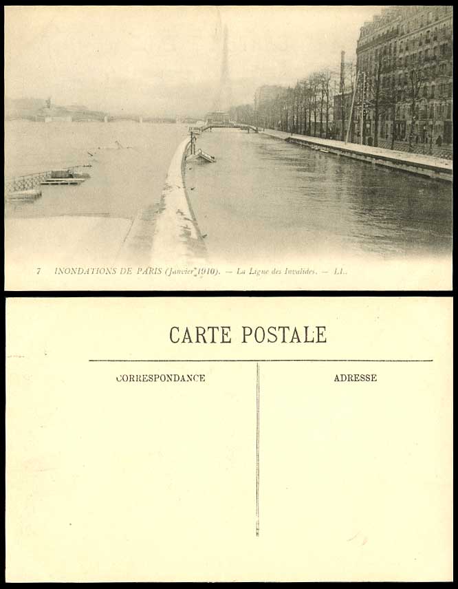 PARIS FLOOD 1910 Postcard La Ligne des Invalides TOUR EIFFEL TOWER Bridge L.L. 7
