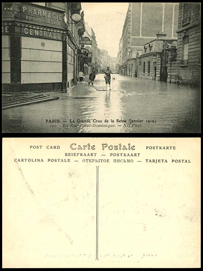 PARIS FLOOD 1910 Old Postcard La Rue Saint-Dominique Street & Pharmacie Pharmacy