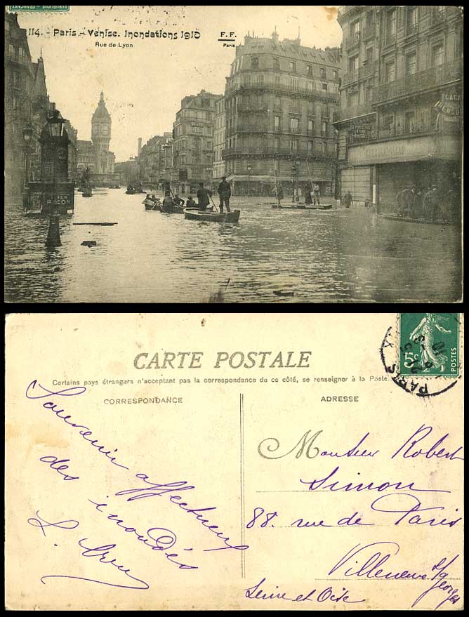 PARIS FLOOD 1910 Old Postcard Paris-Venise Flooded Street Clock Tower Boat Hotel