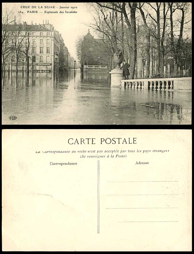 PARIS FLOOD Jan. 1910 Old Postcard Esplanade des Invalides, Flooded Street Scene