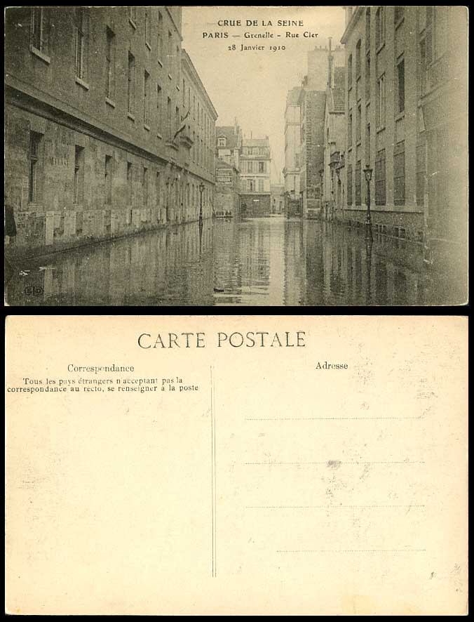 PARIS FLOOD 28 Jan 1910 Old Postcard Grenelle Rue Cler Flooded Street Scene Flag