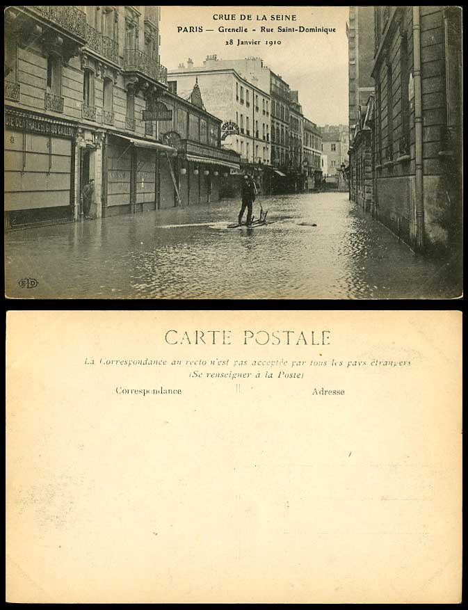 PARIS FLOOD 28 Ja 1910 Old Postcard Grenelle Rue Saint-Dominique Street Galeries