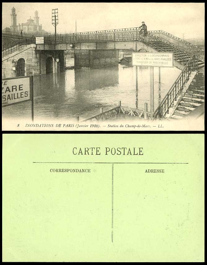 PARIS FLOOD 1910 Old Postcard Gare du Champ-de-Mars Train Railway Station Bridge
