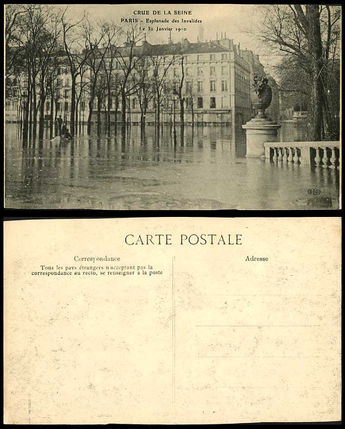 PARIS FLOOD Le 30 Janvier January 1910 Old Postcard Esplanade des Invalides, ELD