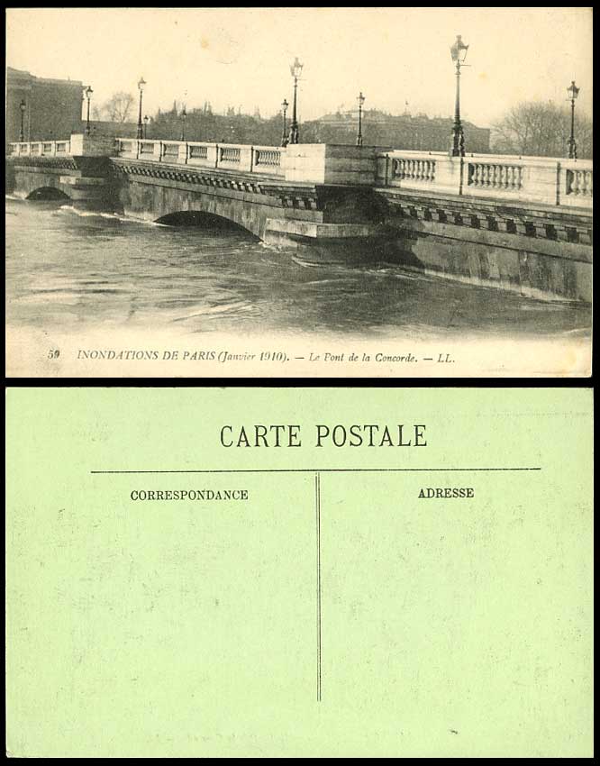 PARIS FLOOD 1910 Old Postcard Pont de la Concorde BRIDGE Flooded River L.L. 59