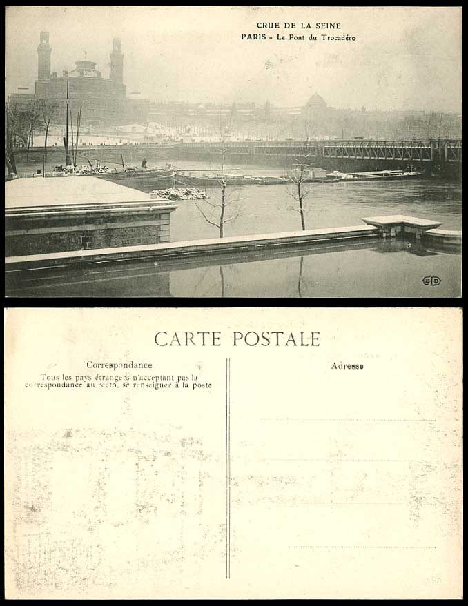 PARIS FLOOD 1910 Old Postcard Pont du Trocadero Bridge, Boat, Winter Snowy Scene