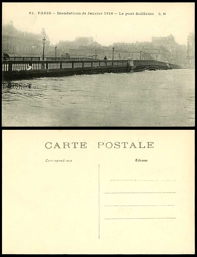 PARIS FLOOD 1910 Old Postcard Le Pont Solferino Bridge Flooded Seine River Scene