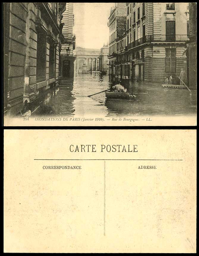 PARIS FLOOD 1910 Old Postcard Rue de Bourgogne Flooded Street Scene Boat L.L.204