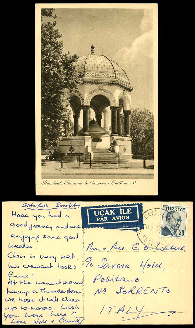 Turkey 1957 Old Postcard Emperor Guillaume II, Fountain Fontaine, Constantinople