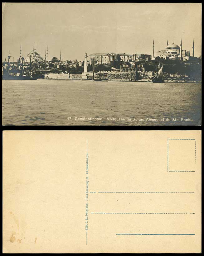 Turkey Old Postcard Mosque Sultan Ahmed Ste Sophie Mosque Lighthouse Boats Ships