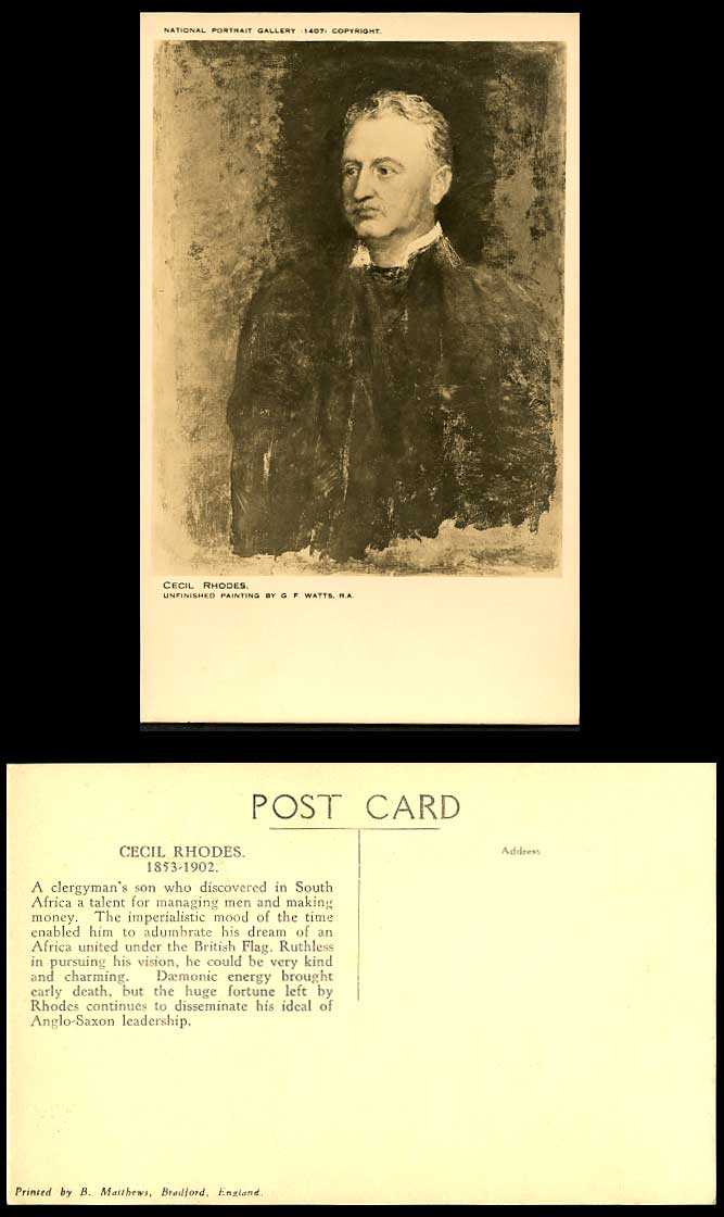 Cecil Rhodes, Painting by G.F. Watts R.A. National Portrait Gallery Old Postcard
